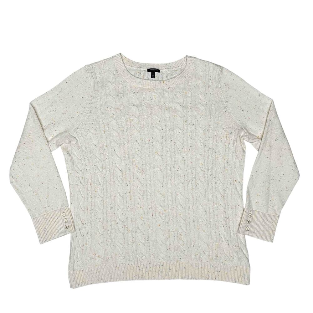 Talbots Cable Knit Crew Sweater 1X Ivory Button Cuff Speckled Fisherman Pullover